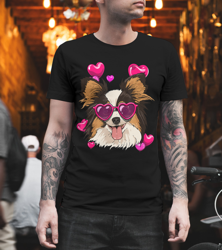 Papillon Heart Sunglasses Pink Hearts Valentines Day T-Shirt