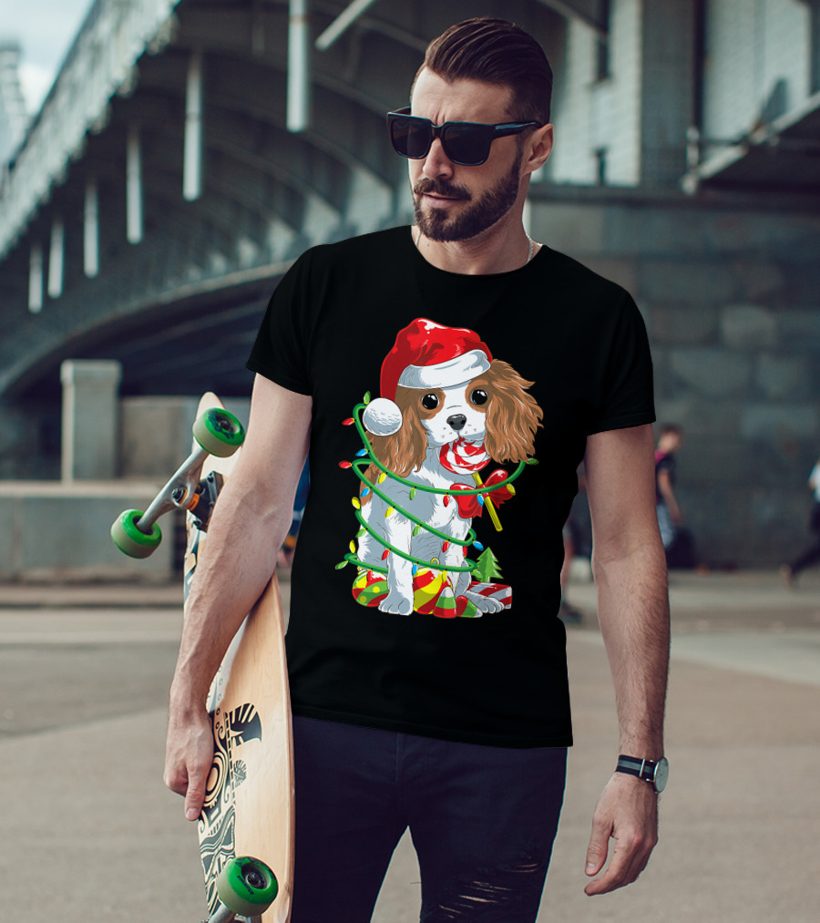 Cute Cavalier King Charles Spaniel Dog In Santa Hat With Christmas Lights And Candy Cane T-Shirt