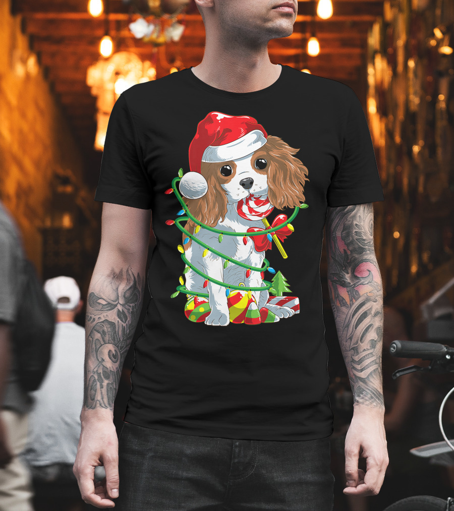 Cute Cavalier King Charles Spaniel Dog In Santa Hat With Christmas Lights And Candy Cane T-Shirt