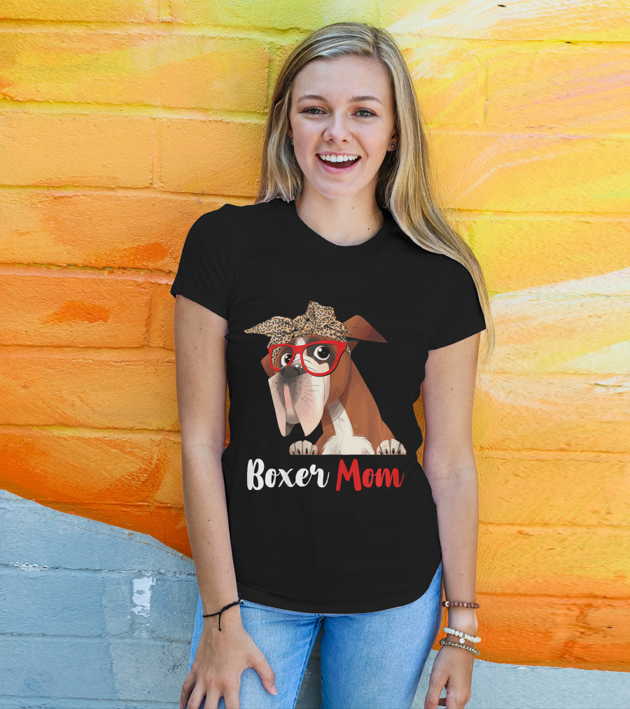 Boxer Mom With Red Glasses And Leopard Headband For Dog Lovers T-Shirt