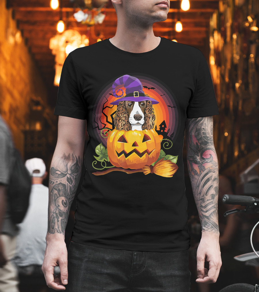 Dog Lover English Cocker Spaniel Witch Pumpkin Halloween Scene T-Shirt