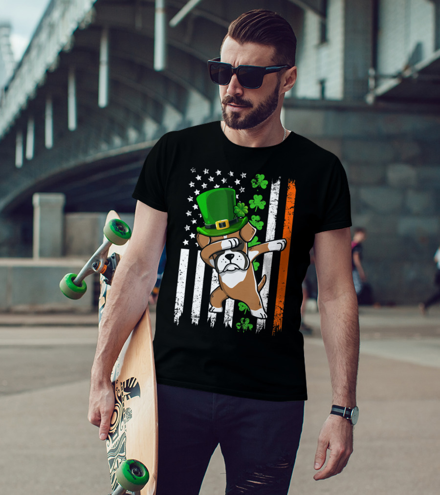 Dabbing Boxer Dog Leprechaun Hat American Irish Flag T-Shirt