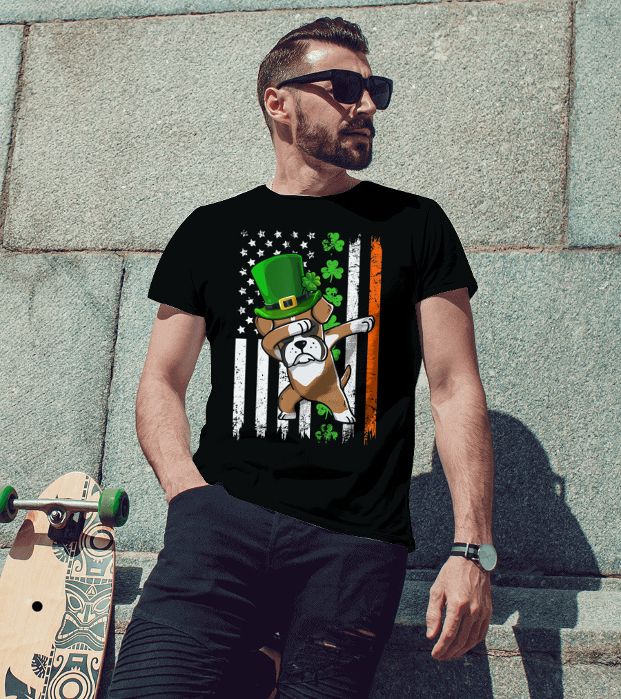 Dabbing Boxer Dog Leprechaun Hat American Irish Flag T-Shirt