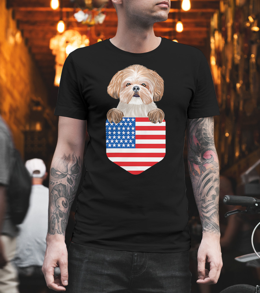 Shih Tzu Dog In American Flag Pocket T-Shirt