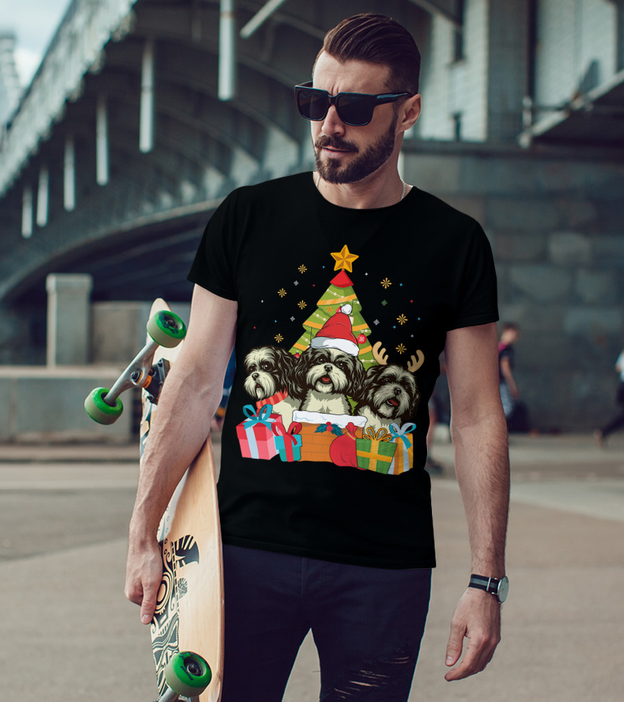 Christmas Shih Tzu Dogs With Santa Hat And Antlers By Xmas Tree T-Shirt