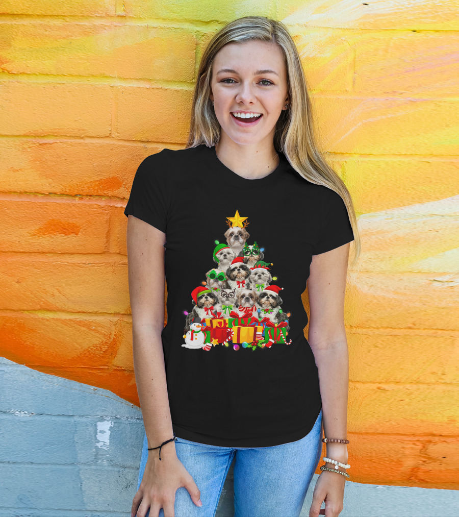 Christmas Tree Puppy Love Shih Tzu Dog Xmas Lights T-Shirt