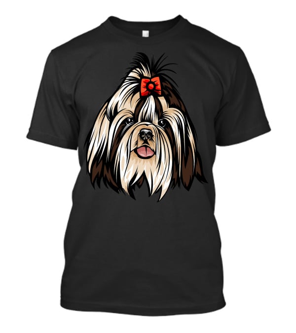 Cool Shih Tzu Face Red Bow Detailed T-Shirt
