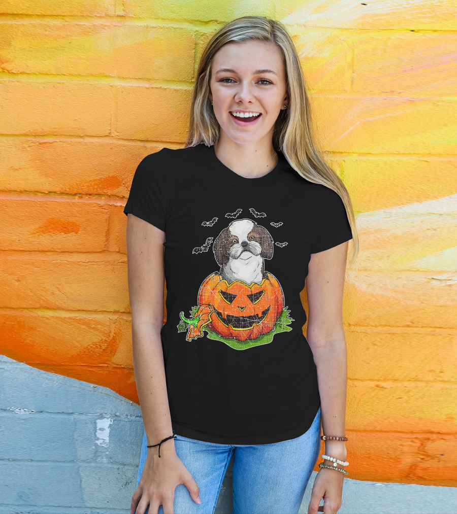 Cute Shih Tzu In Halloween Pumpkin With Bats T-Shirt