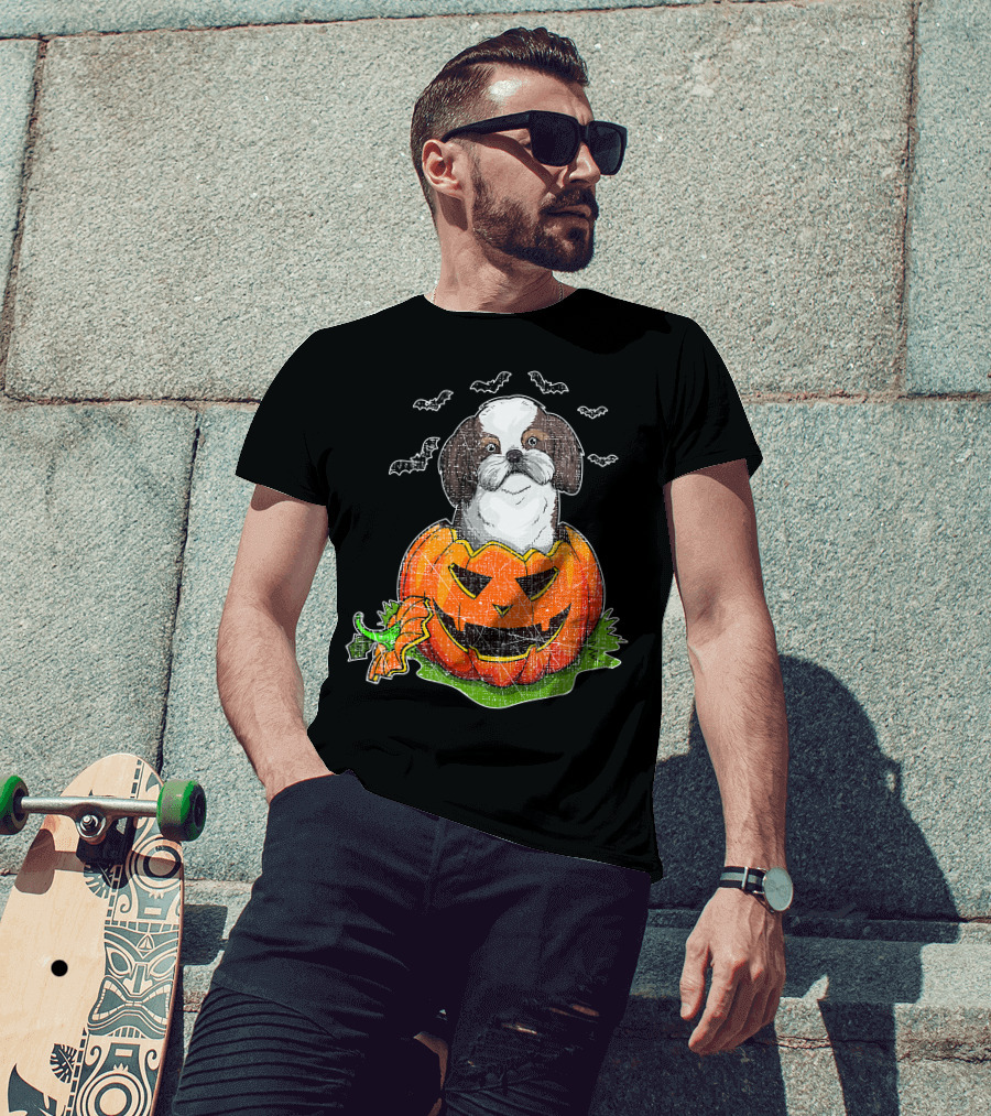 Cute Shih Tzu In Halloween Pumpkin With Bats T-Shirt