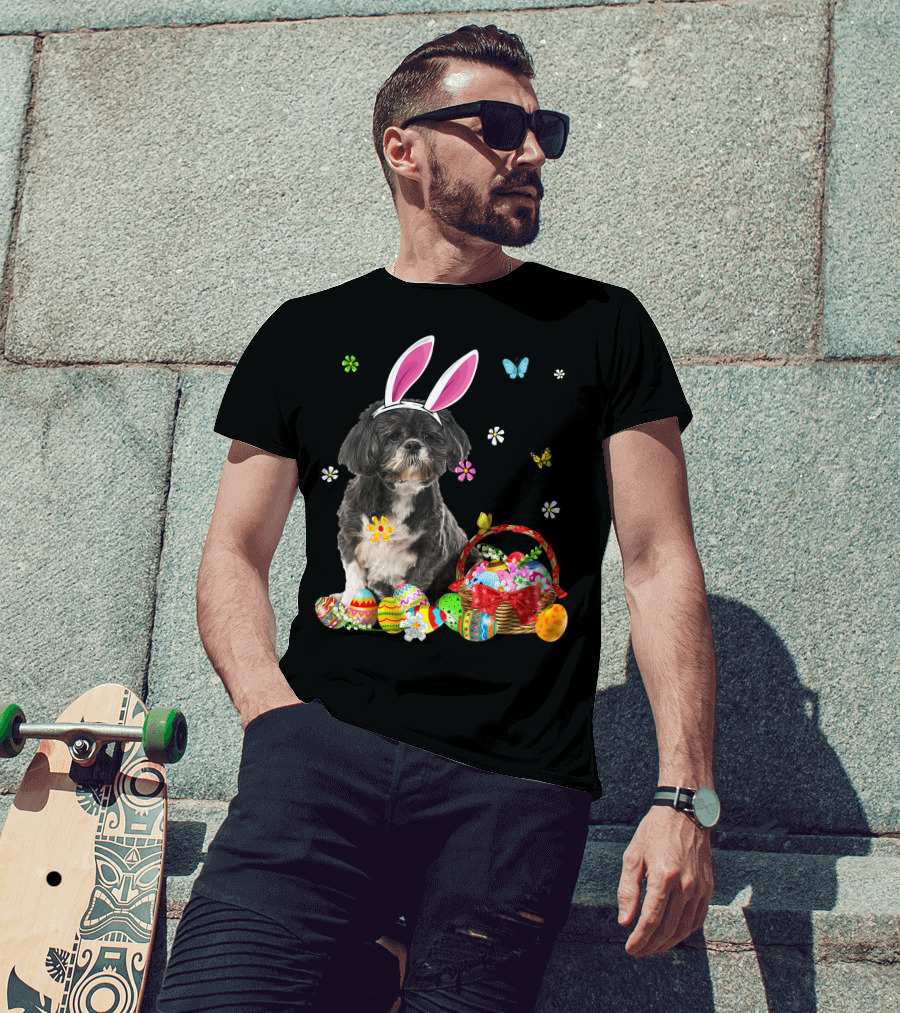 Shih Tzu Happy Easter Dog Lover Bunny Ears And Easter Egg Basket T-Shirt