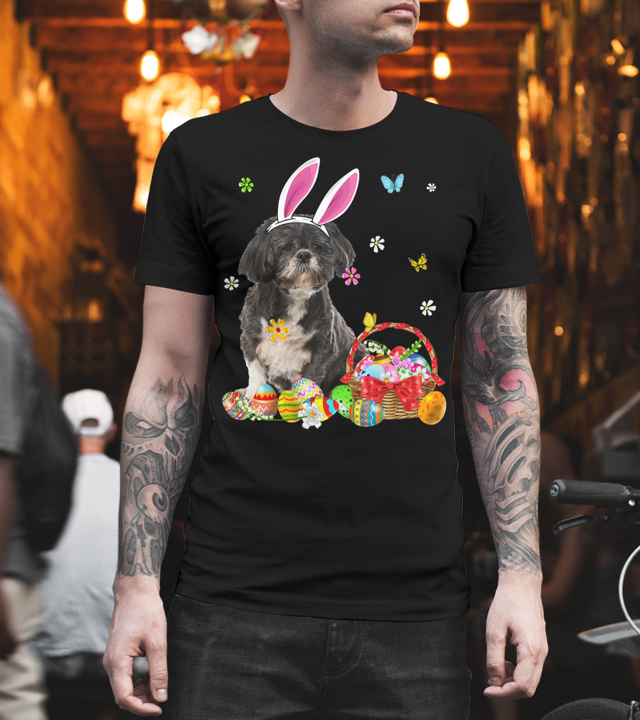 Shih Tzu Happy Easter Dog Lover Bunny Ears and Easter Egg Basket T-Shirt