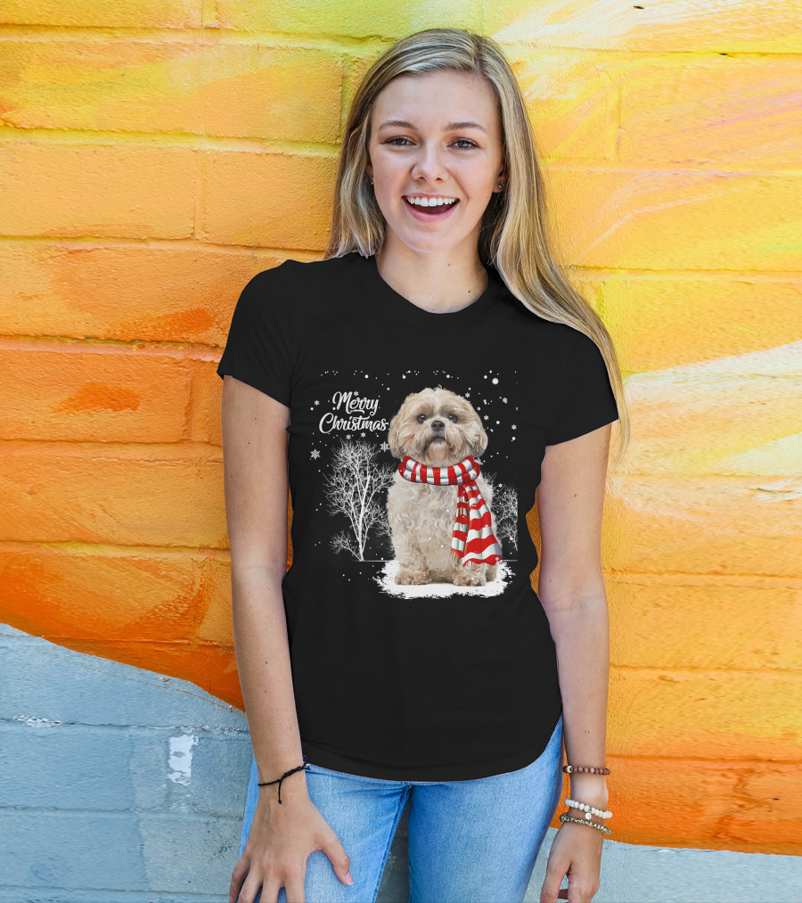Shih Tzu Christmas Puppy Dog Lover Family Mat With Festive Scarf Snowflakes And Winter Trees T-Shirt