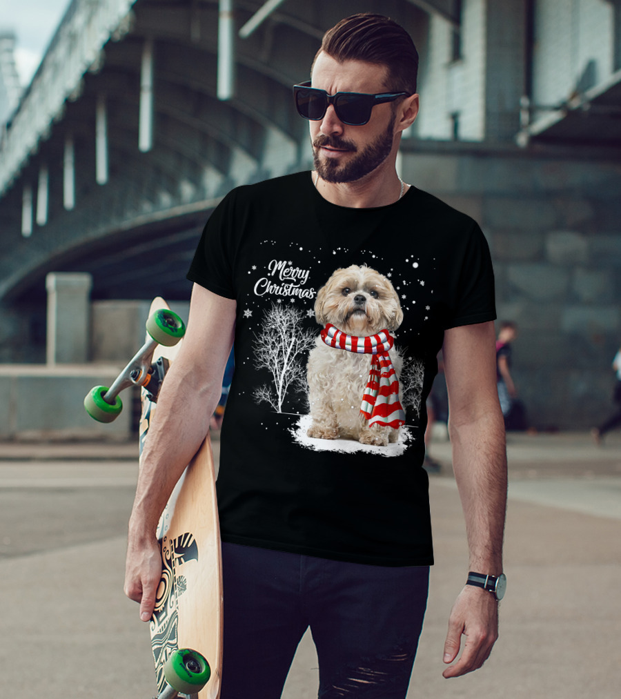 Shih Tzu Christmas Puppy Dog Lover Family Mat With Festive Scarf Snowflakes And Winter Trees T-Shirt