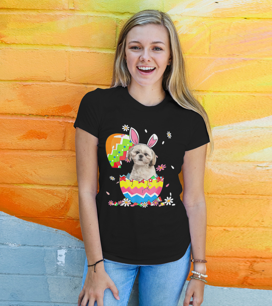 Shih Tzu Dog In Colorful Easter Egg With Bunny Ears And Flowers T-Shirt