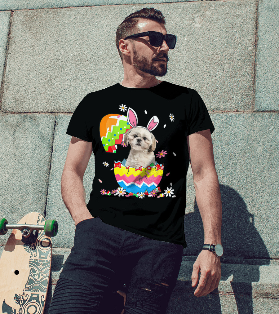 Shih Tzu Dog In Colorful Easter Egg With Bunny Ears And Flowers T-Shirt