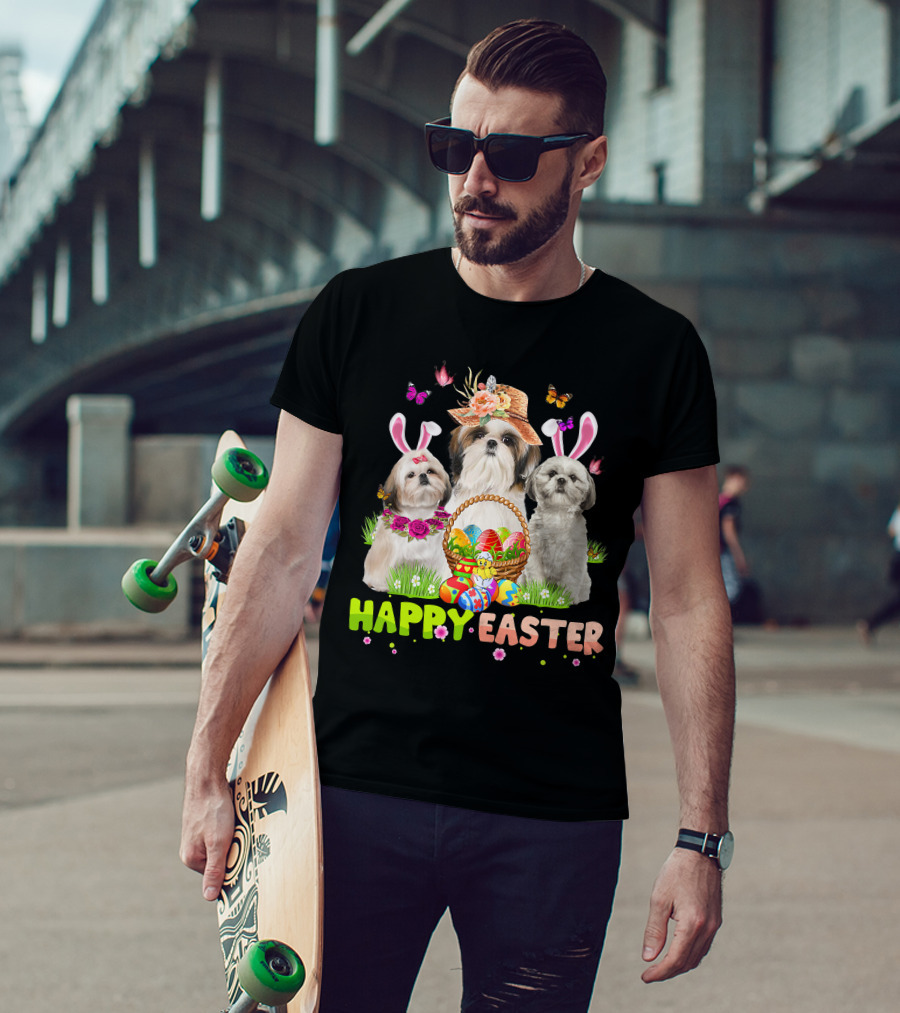 Happy Easter Shih Tzu Bunny Ears Basket Eggs Butterflies Flowers T-Shirt