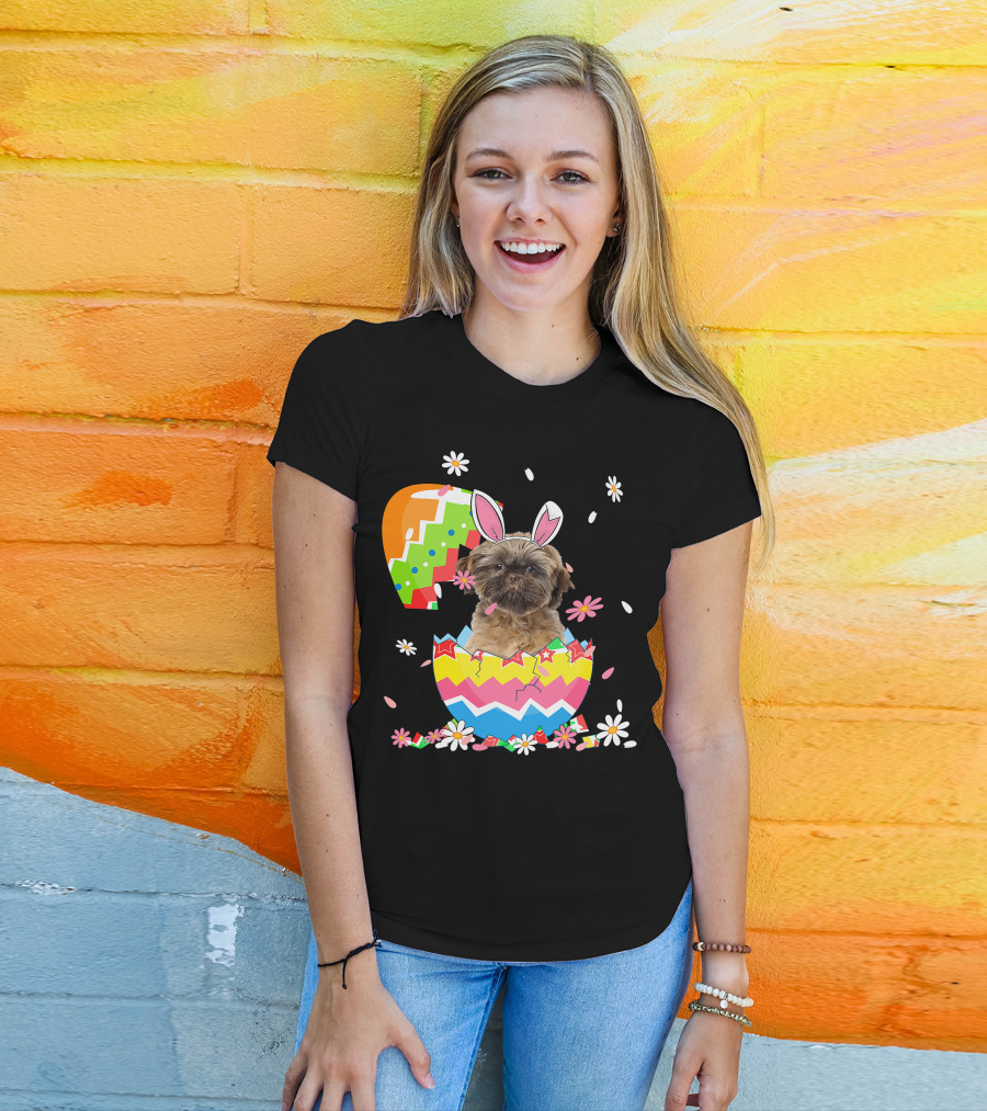 Cute Shih Tzu Easter Day Dog Dad Dog Mom With Bunny Ears And Colorful Egg T-Shirt