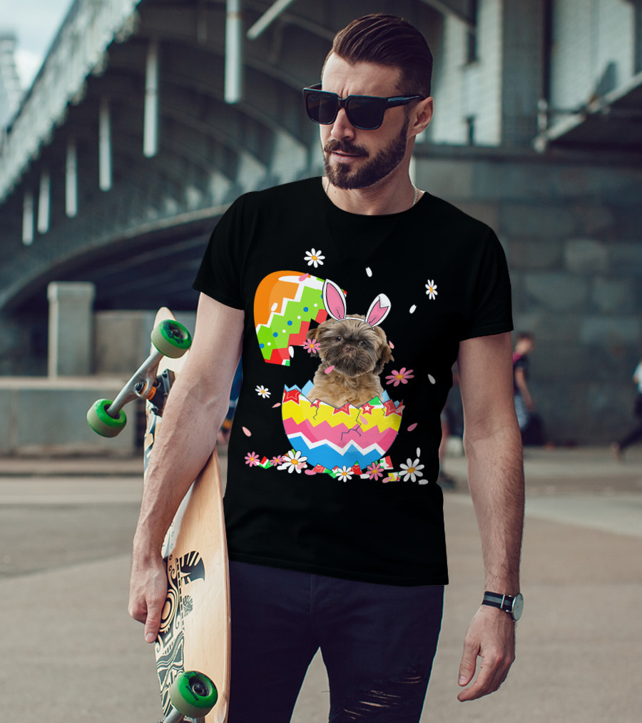 Cute Shih Tzu Easter Day Dog Dad Dog Mom With Bunny Ears And Colorful Egg T-Shirt