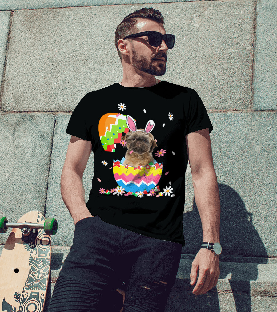 Cute Shih Tzu Easter Day Dog Dad Dog Mom With Bunny Ears And Colorful Egg T-Shirt