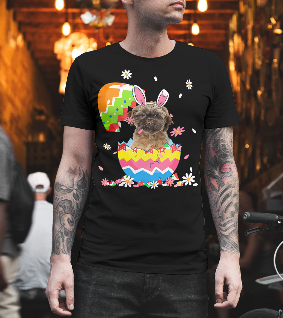Cute Shih Tzu Easter Day Dog Dad Dog Mom with Bunny Ears and Colorful Egg T-Shirt