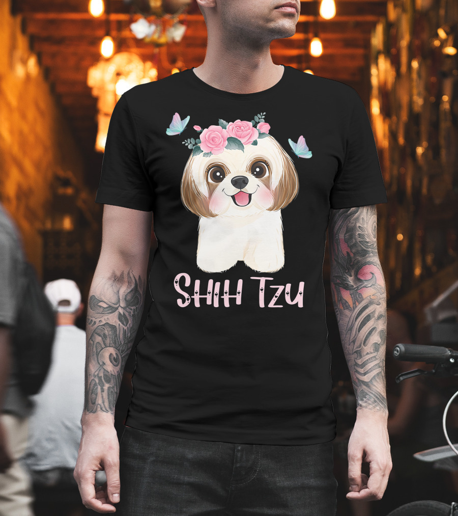 Cute Shih Tzu Mom Dad Mens Dog Lover Ladies Shih Tzu Roses Butterflies T-Shirt