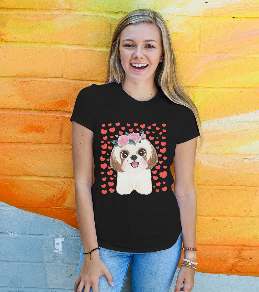 Cute Shih Tzu Valentine's Day Red Hearts Dog Flowers T-Shirt