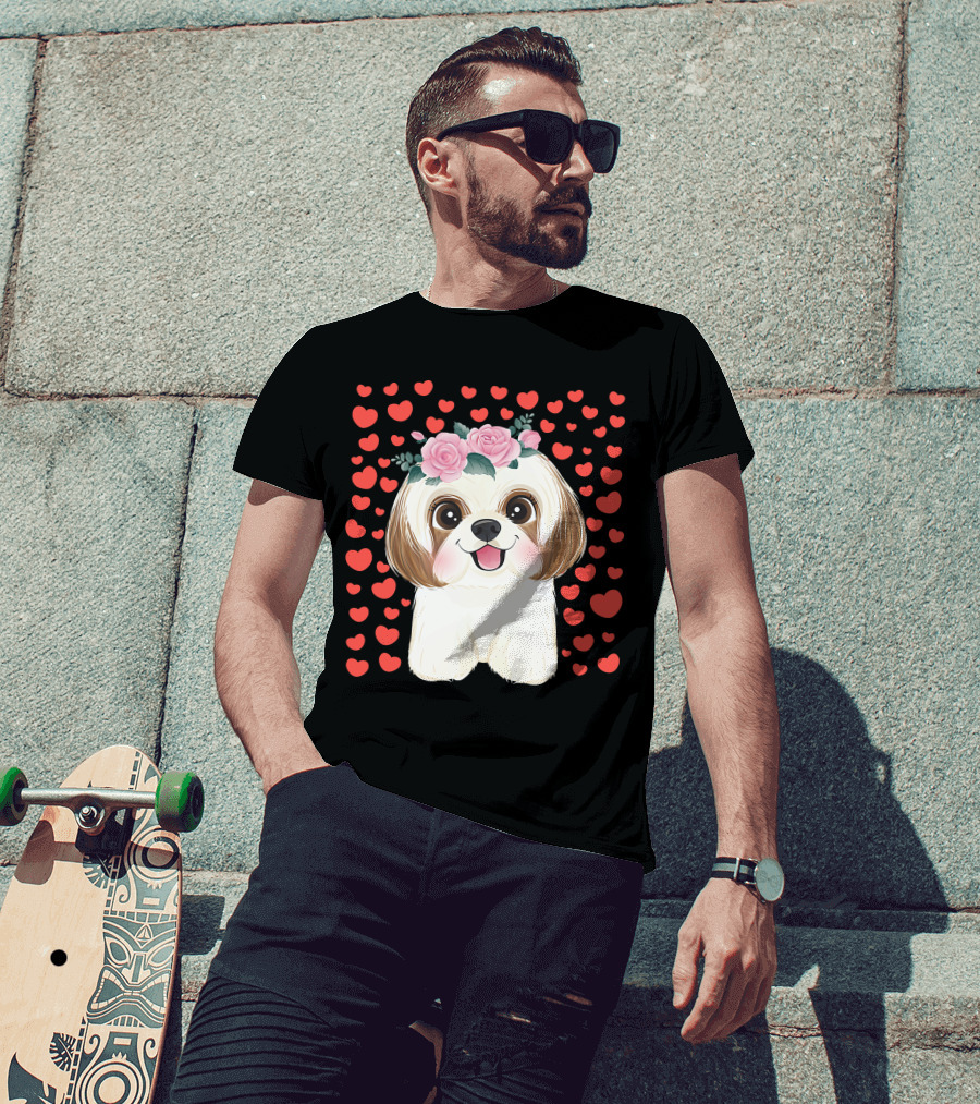 Cute Shih Tzu Valentine's Day Red Hearts Dog Flowers T-Shirt