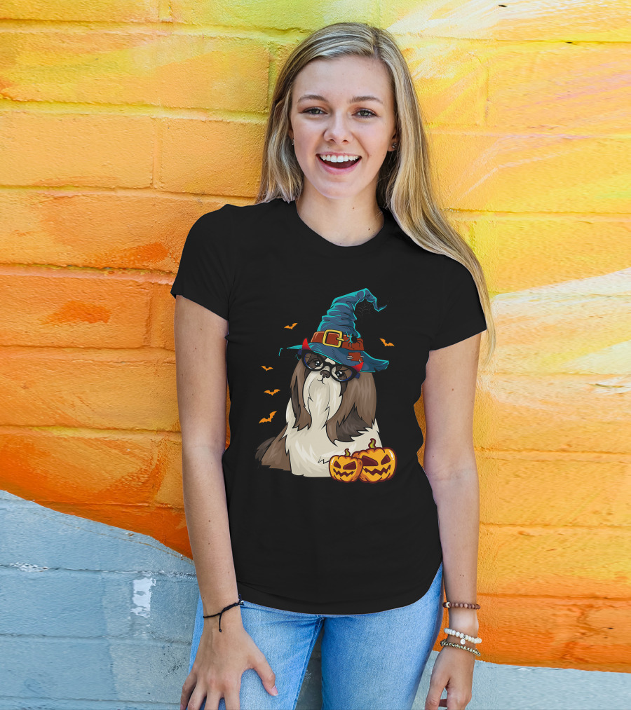Cute Shih Tzu Glasses Witch Hat Halloween Pumpkins Bats T-Shirt