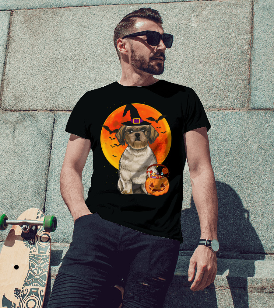 Shih Tzu Dog Halloween Jack O Lantern Pumpkin With Bats And Witch Hat T-Shirt