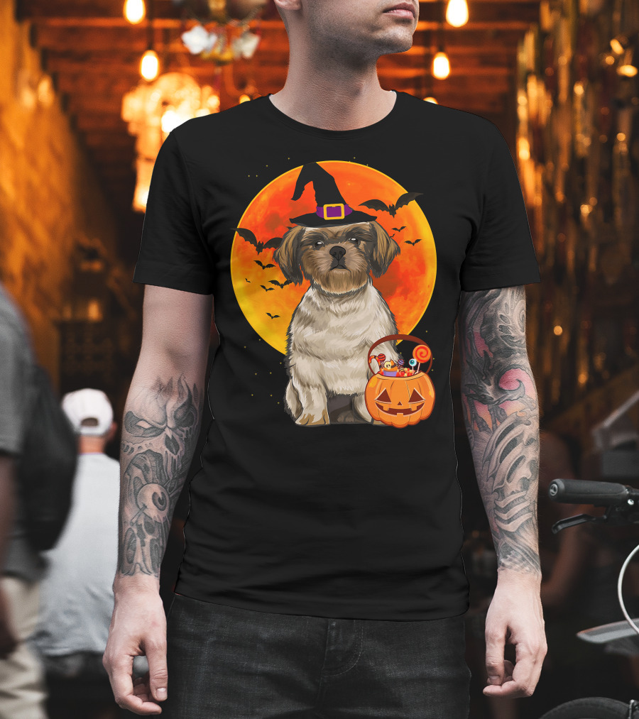 Shih Tzu Dog Halloween Jack O Lantern Pumpkin with Bats and Witch Hat T-Shirt