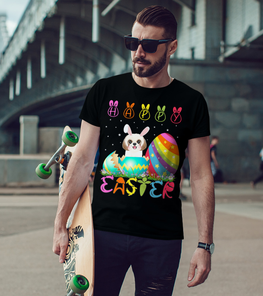 Happy Easter Day Shih Tzu Dog In Colorful Egg Matching T-Shirt