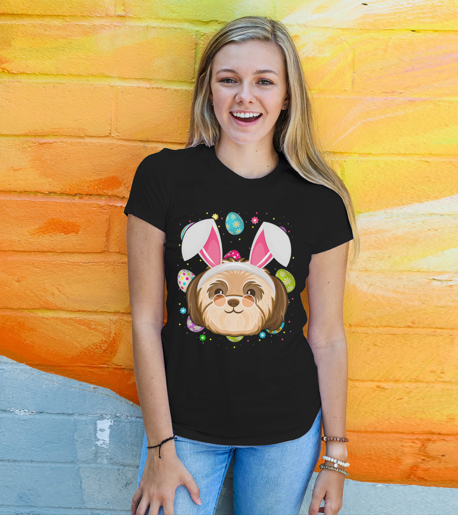 Easter Egg Lover Bunny Ear Shih Tzu Dog Face Easter T-Shirt