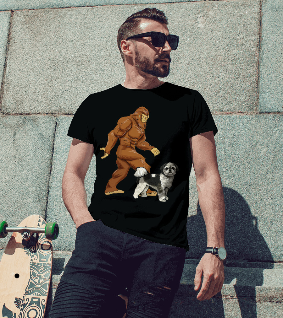Funny Bigfoot Walking Shih Tzu Sasquatch Dog Comic T-Shirt