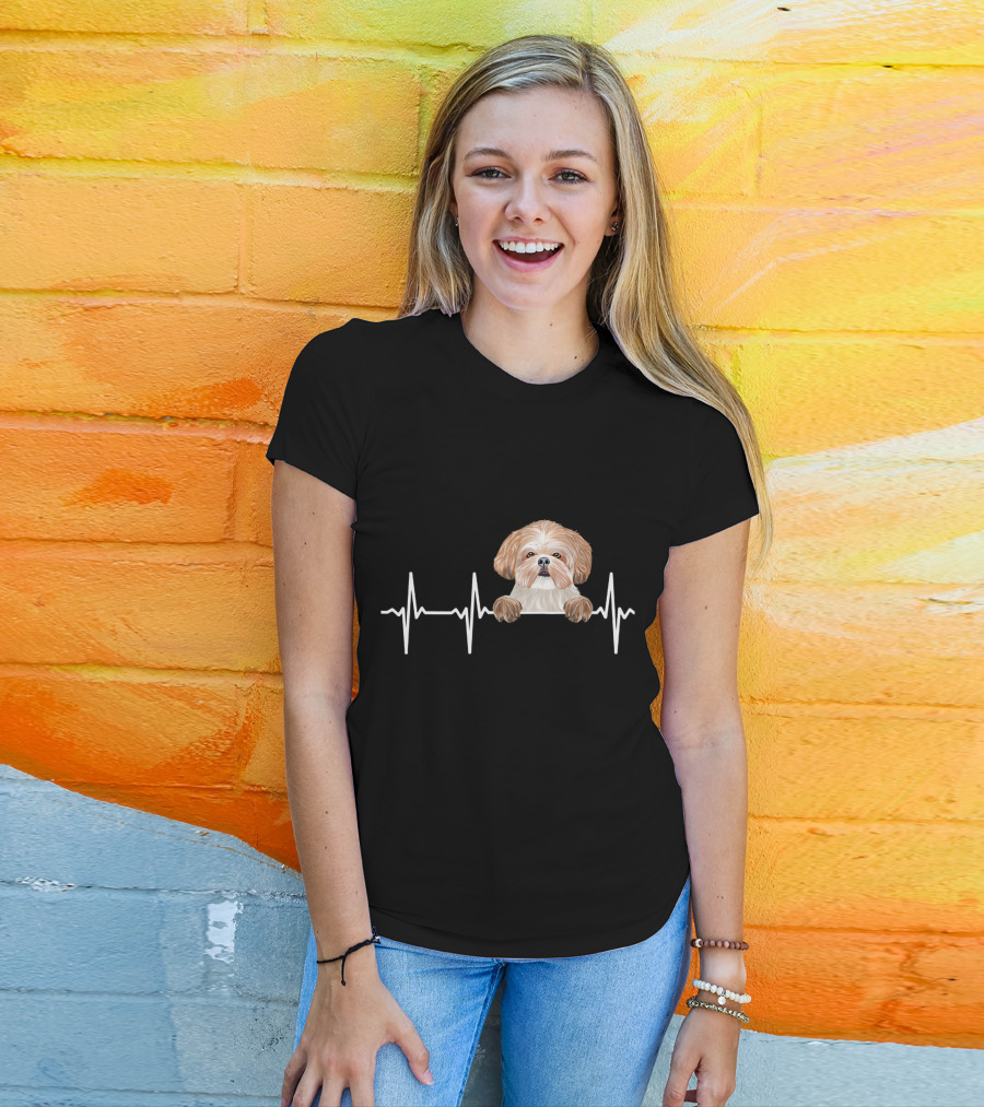 Heartbeat Line With Cute Shih Tzu Illustration For Funny Dog Lovers T-Shirt
