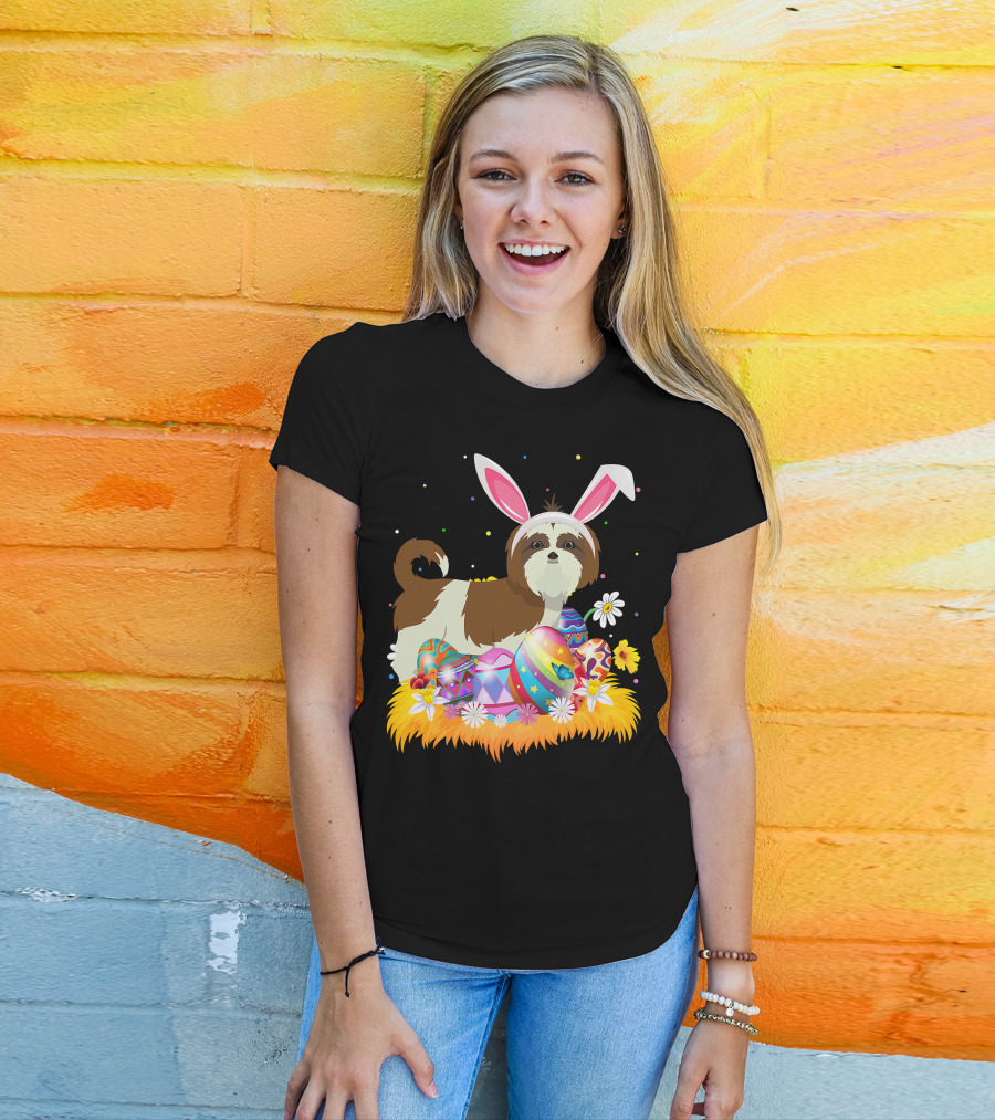 Shih Tzu Bunny Ears With Colorful Easter Eggs And Flowers For Easter Sunday T-Shirt