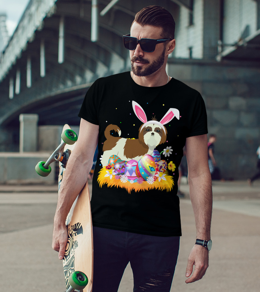 Shih Tzu Bunny Ears With Colorful Easter Eggs And Flowers For Easter Sunday T-Shirt