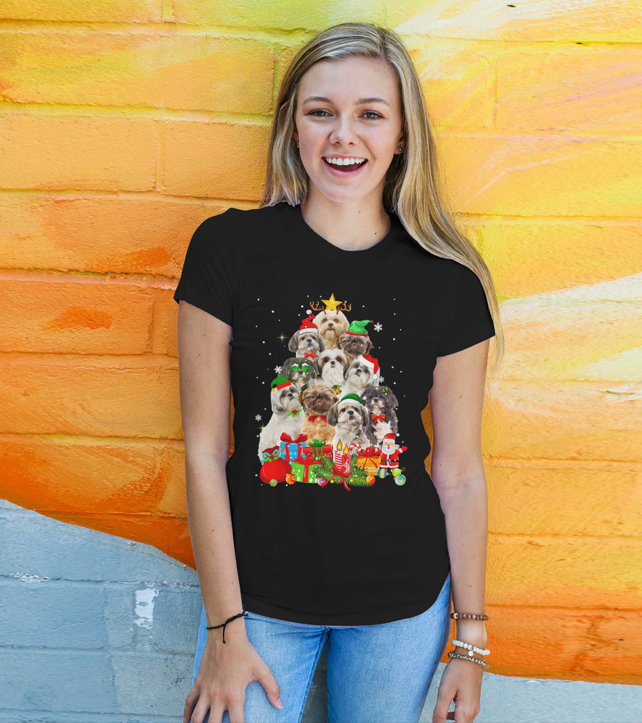 Shih Tzu Christmas Tree With Holiday Lights And Puppy Dogs T-Shirt