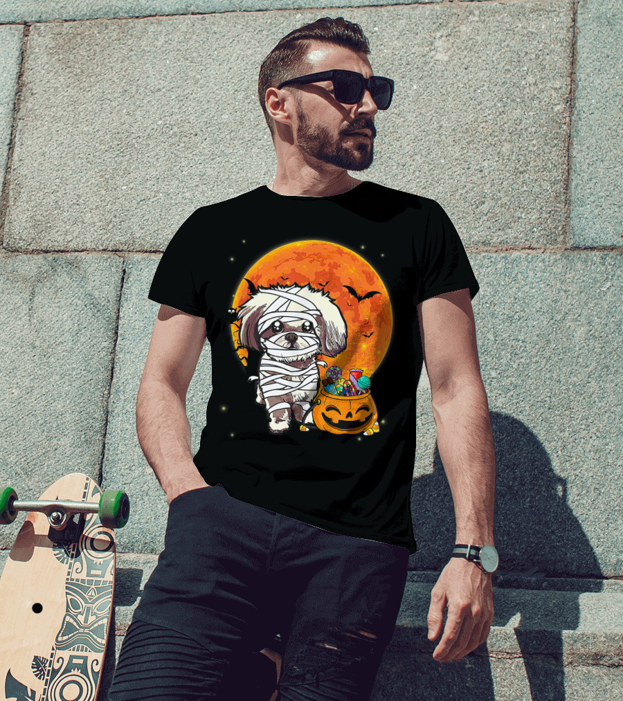 Shih Tzu Mummy Halloween Costume With Pumpkin Candy Bucket And Full Moon T-Shirt
