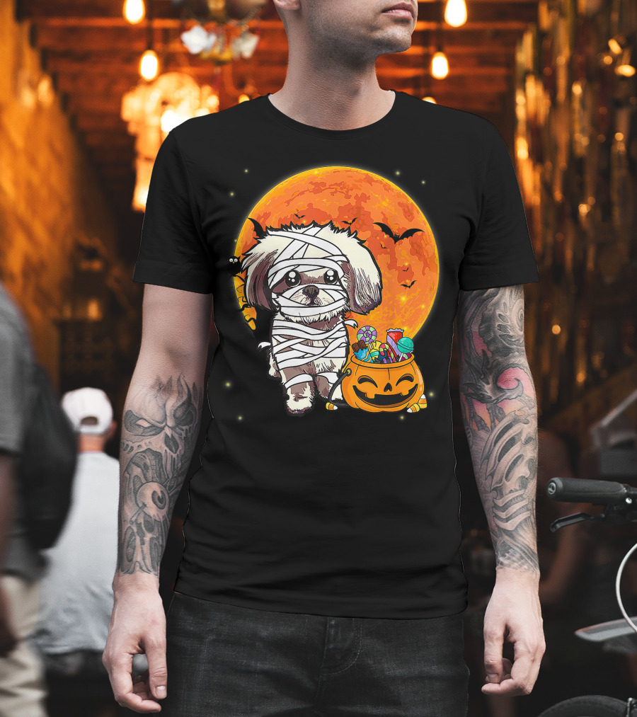 Shih Tzu Mummy Halloween Costume with Pumpkin Candy Bucket and Full Moon T-Shirt