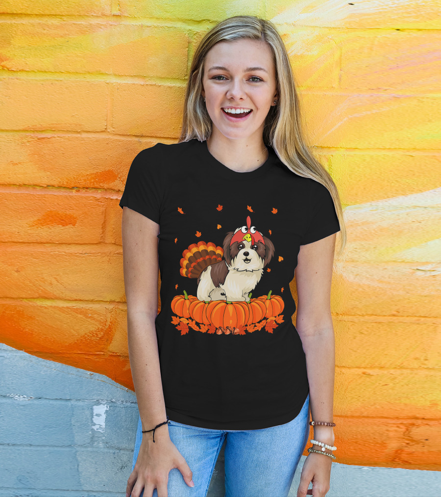 Shih Tzu Dressed As Turkey With Pumpkins And Autumn Leaves Thanksgiving Fun T-Shirt