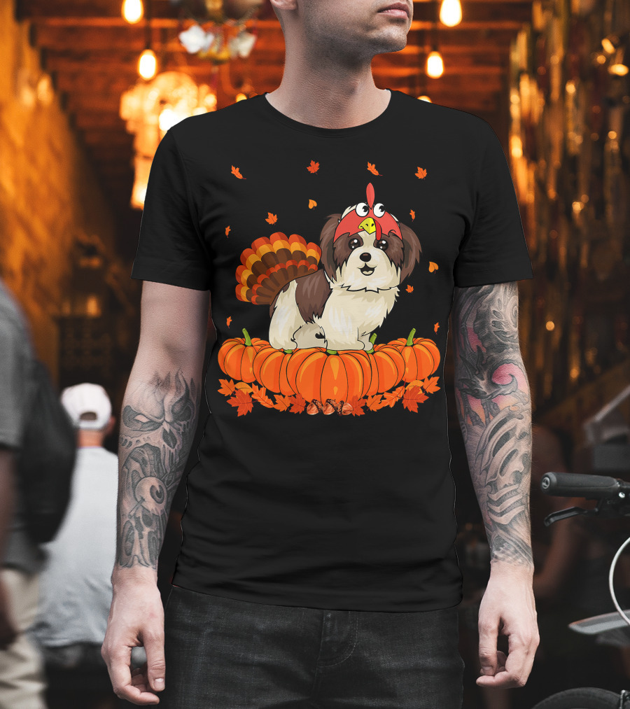 Shih Tzu Dressed as Turkey with Pumpkins and Autumn Leaves Thanksgiving Fun T-Shirt