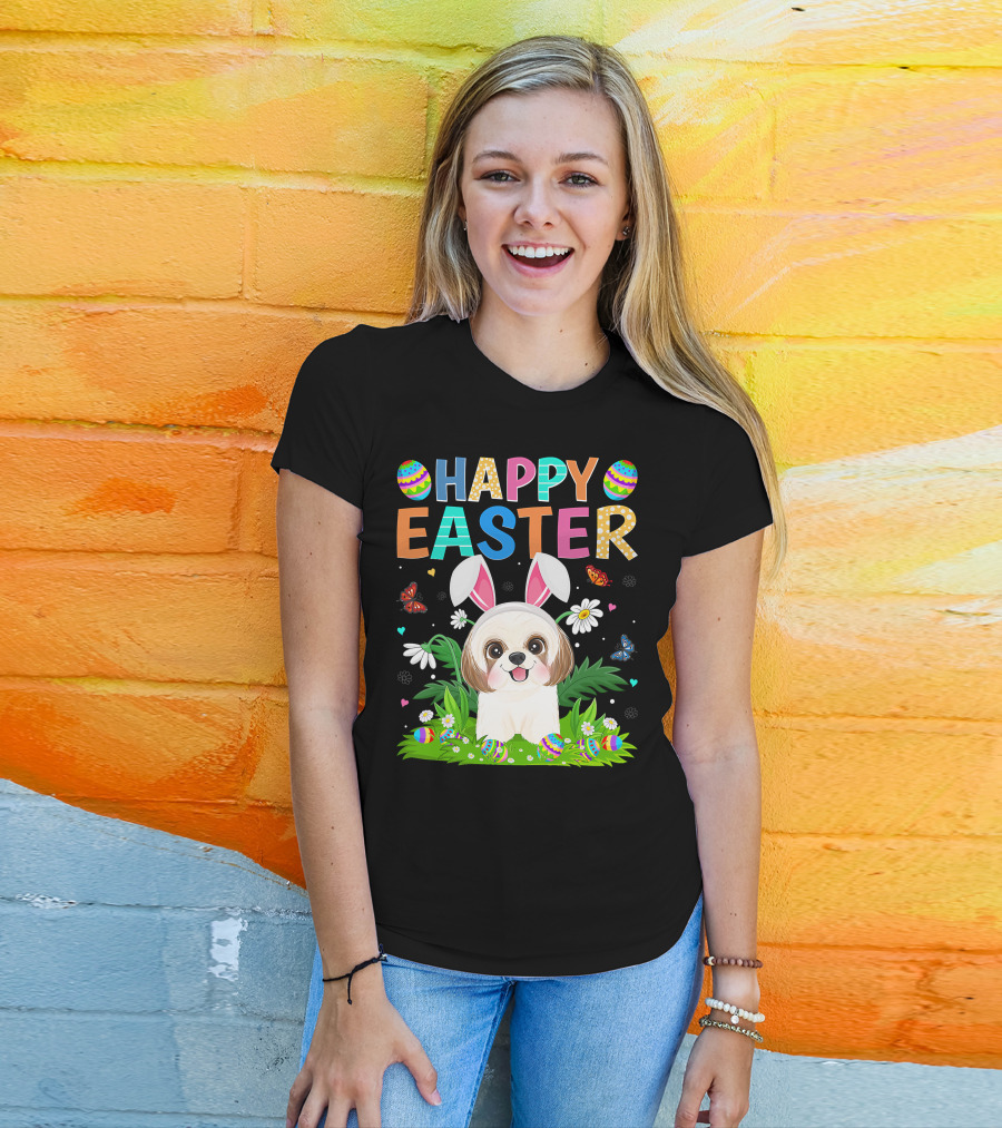 Happy Easter Bunny Shih Tzu Dog With Easter Eggs And Butterflies T-Shirt