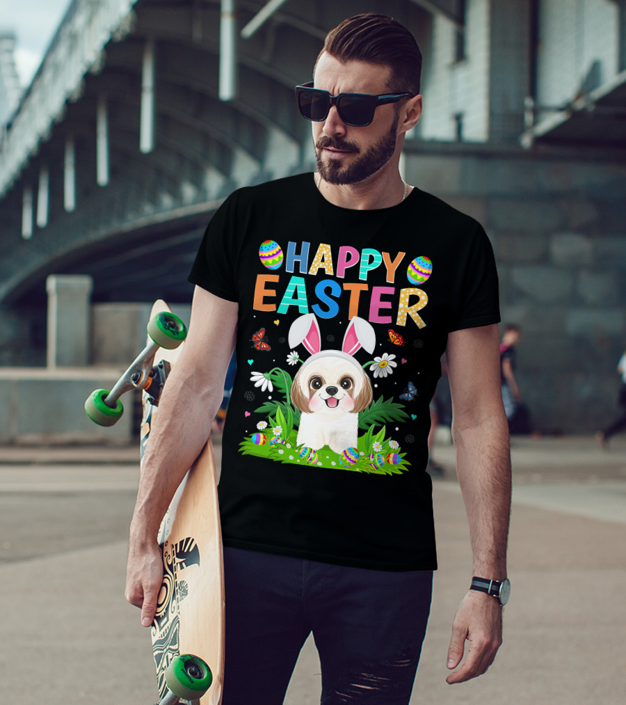 Happy Easter Bunny Shih Tzu Dog With Easter Eggs And Butterflies T-Shirt