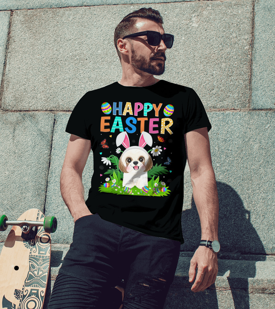 Happy Easter Bunny Shih Tzu Dog With Easter Eggs And Butterflies T-Shirt