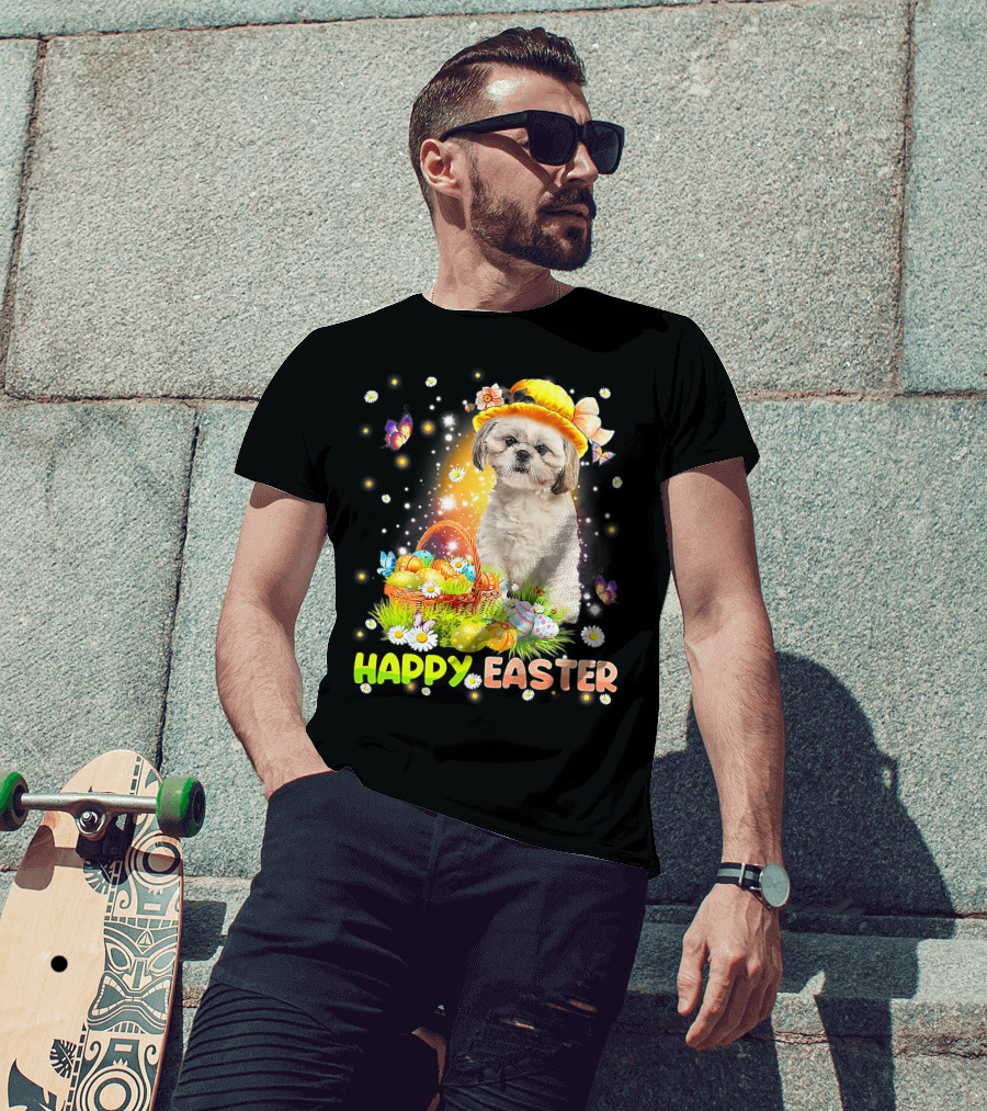 Happy Easter Cute Bunny Dog Shih Tzu With Eggs Basket And Butterflies T-Shirt