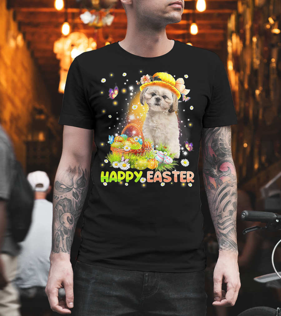 Happy Easter Cute Bunny Dog Shih Tzu with Eggs Basket and Butterflies T-Shirt
