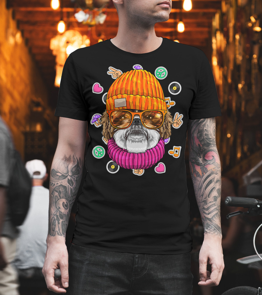 Hipster Shih Tzu with Glasses and Beanie Surrounded by Love Peace and Music Icons T-Shirt