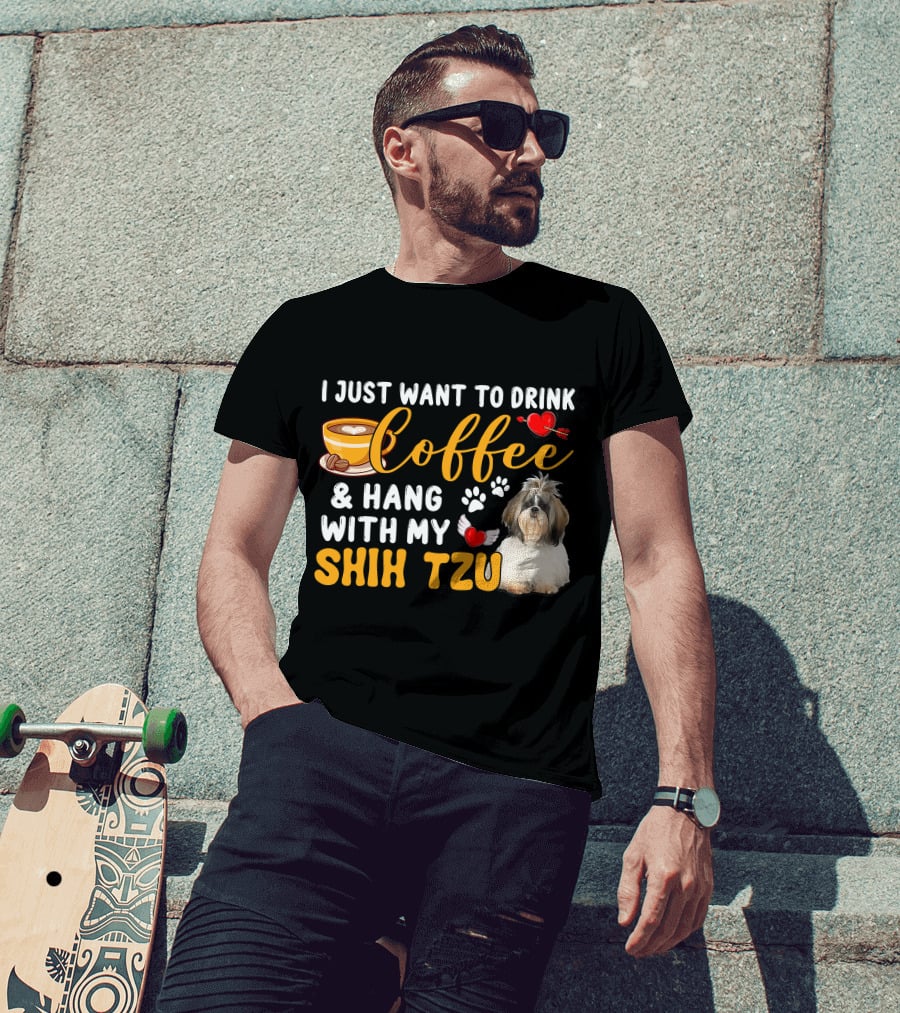 Coffee Lover Shih Tzu With Hearts And Wings T-Shirt