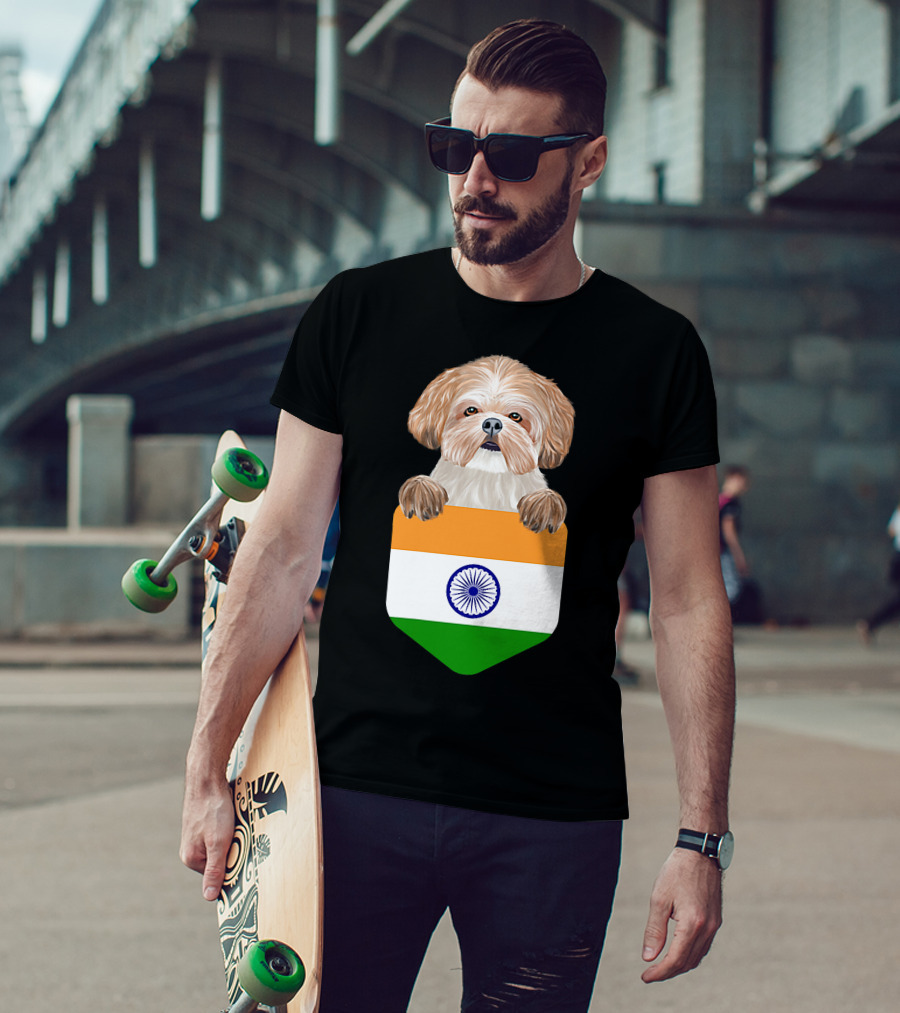India Flag Shih Tzu Dog Pocket Companion T-Shirt