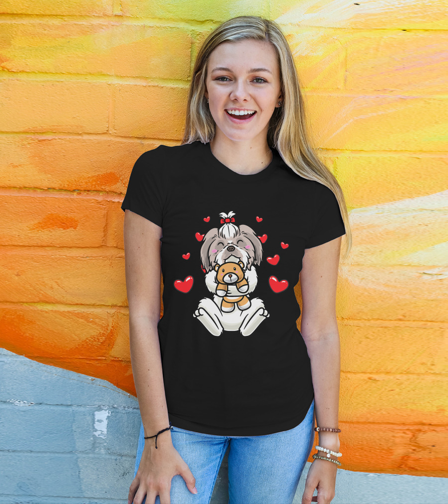 Kawaii Shih Tzu Holding Stuffed Animal Surrounded By Hearts T-Shirt
